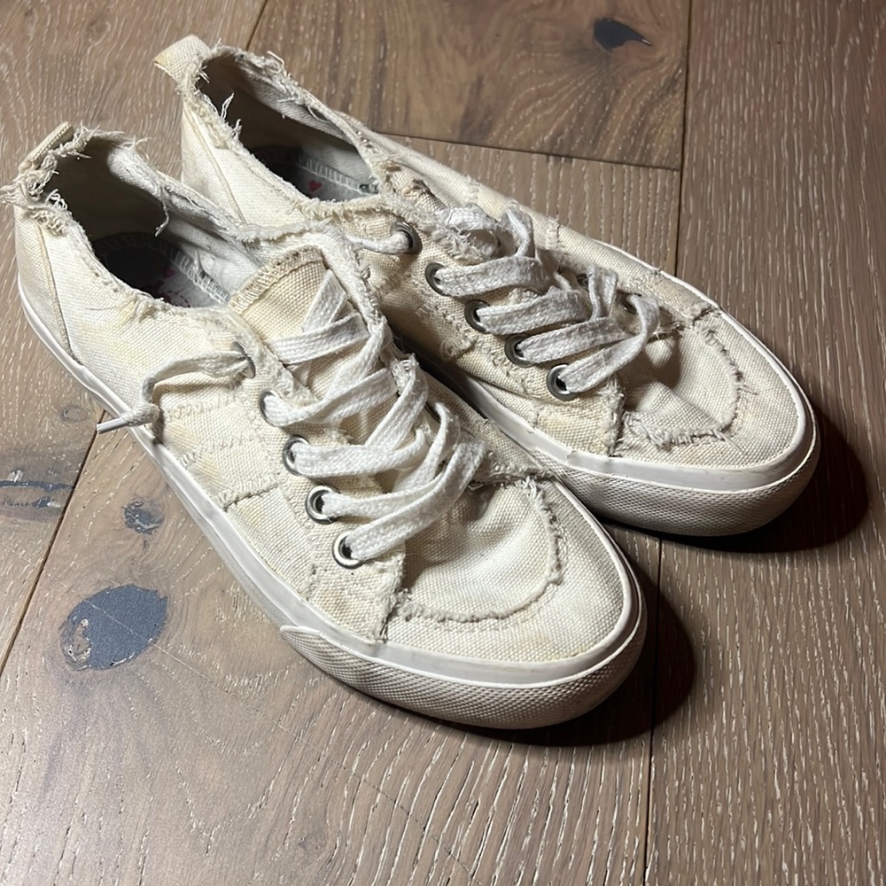 Well loved white lace slip on sneakers!